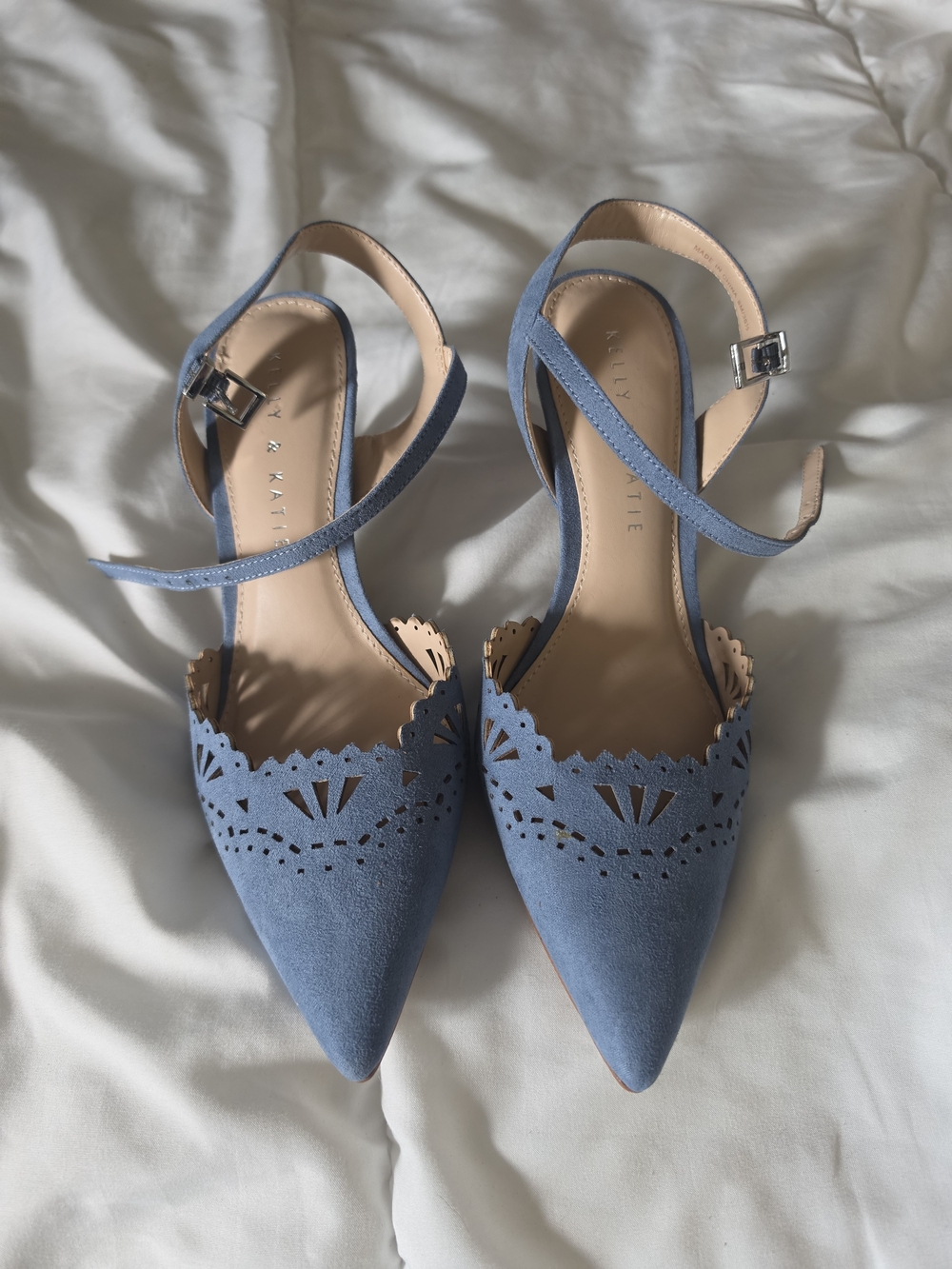 Kelly & Katie Blue Pointed Laser-Cut Ankle Strap Heels